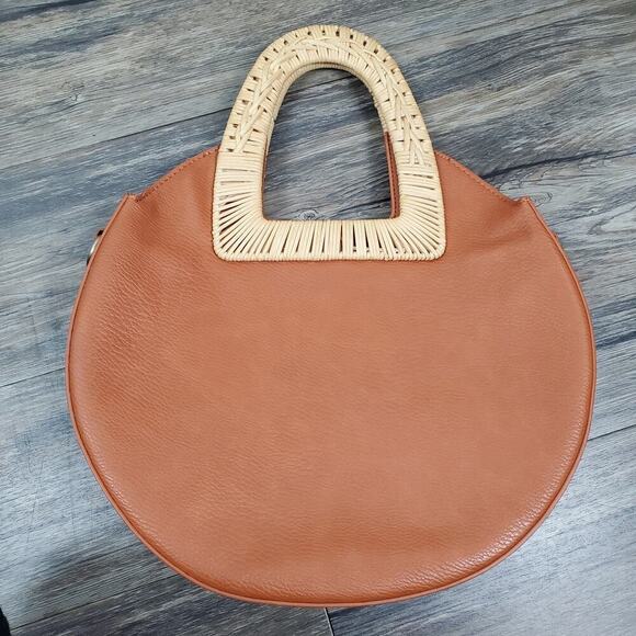 Circular Vegan Leather Rattan Handle Crossbody Bag Boho Chic Purse - Picture 5 of 10